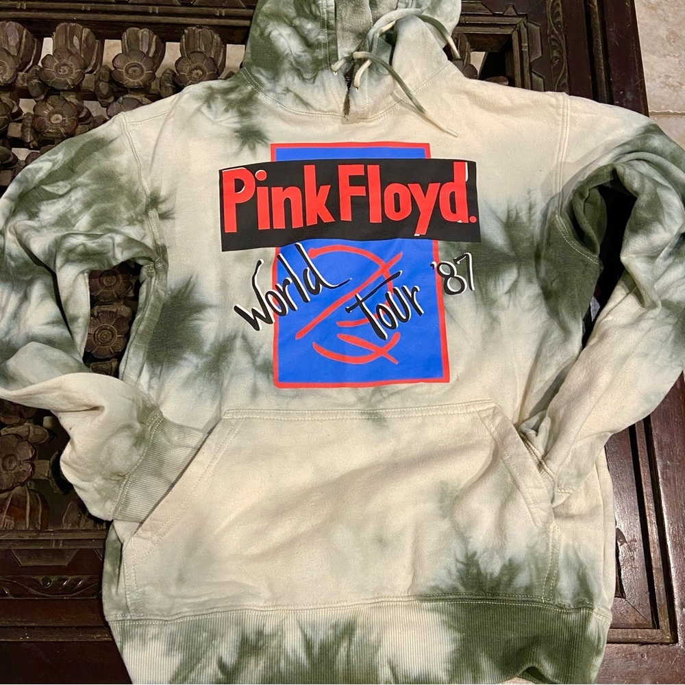 Pink Floyd World Tour 87 TieDye Graphic Hoodie Ribbed Cuffs Kangaroo Pockets - Picture 1 of 9